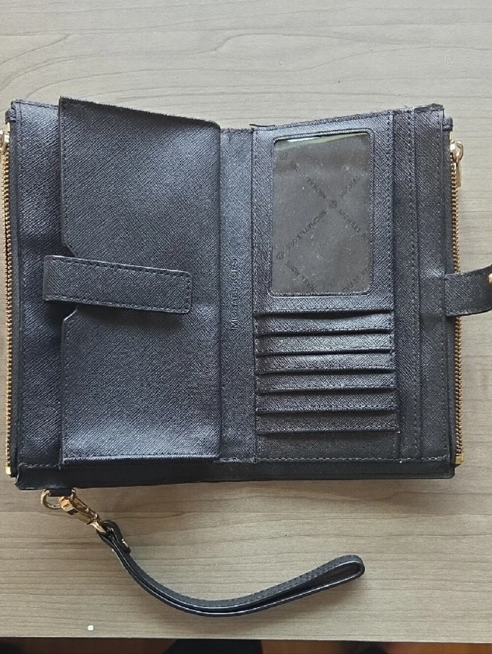 Michael Kors Black Saffiano Zip-Around Wristlet Wallet with Gold Logo